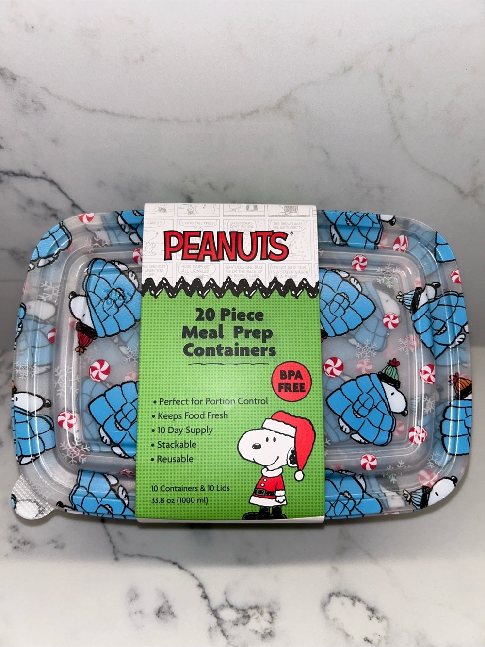 Peanuts Christmas Snoopy with Blue Puffer Coat Meal Prep Containers - 20 Pieces